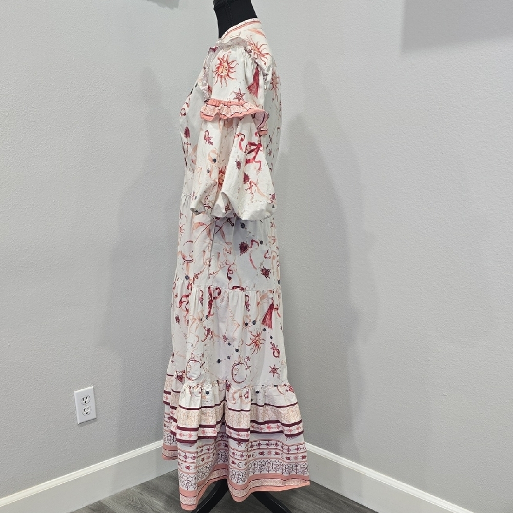 Marchesa Rosa Parker Midi Dress Button Down Puff Sleeve Cream Red Size 8 - Picture 4 of 10